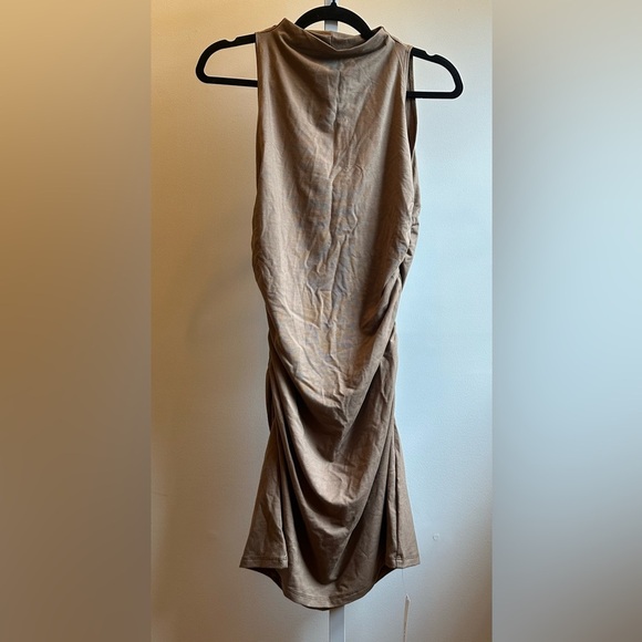 NEW Reformation Jana Mock Neck Sleeveless Ruched Nutty Tan Brown Mini Dress - Picture 6 of 8
